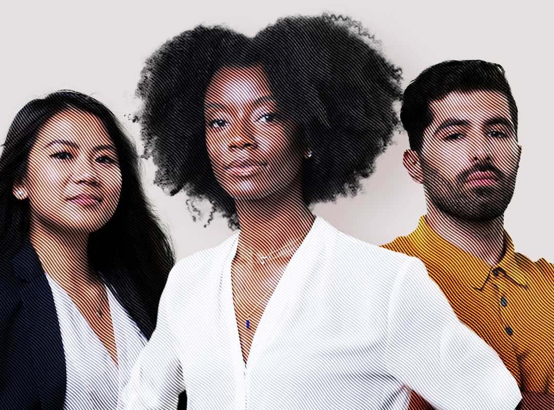 A diverse group of three professionals in front of a tan background.